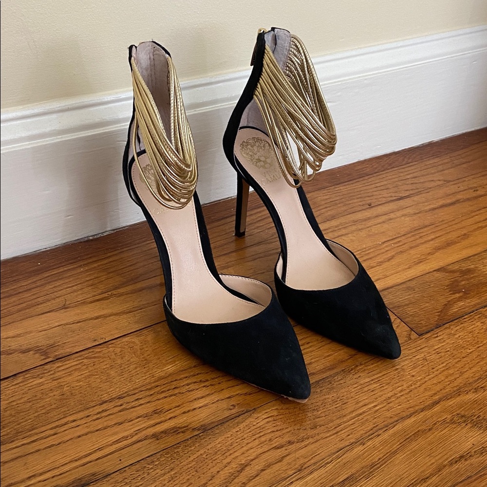Vince Camuto Black Suede Heel with Gold Ankle Accent - Picture 2 of 6